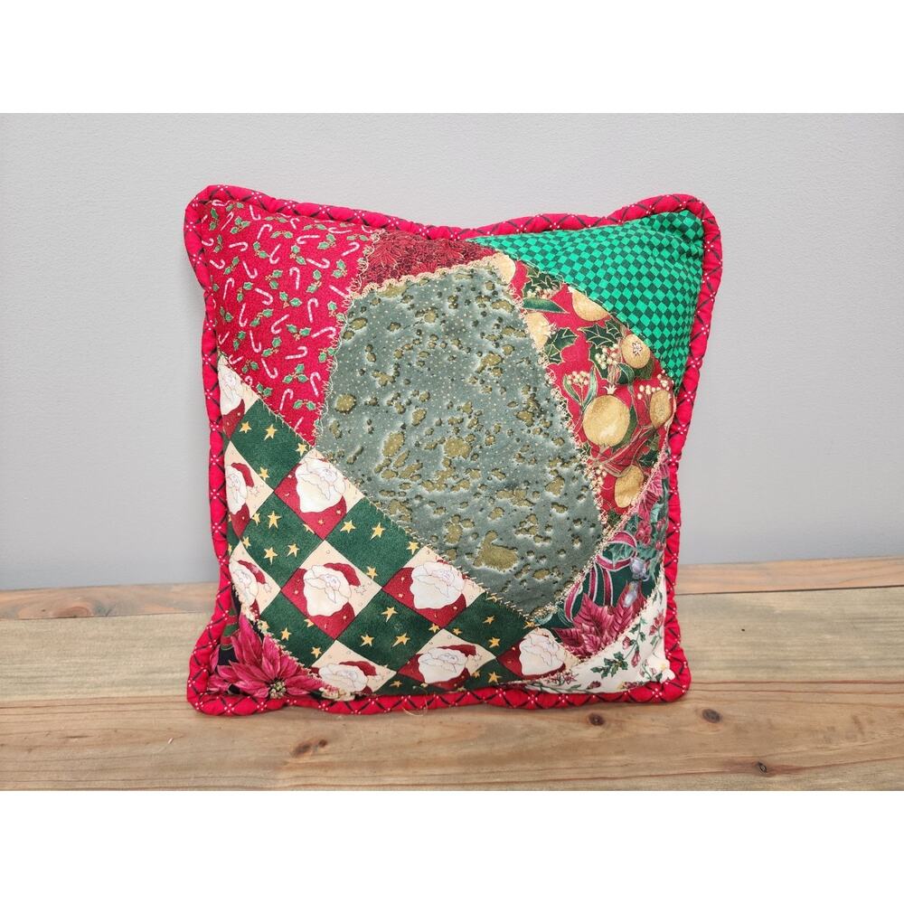 Handmade 12” Christmas Throw Pillow Santa Quilt Fabric